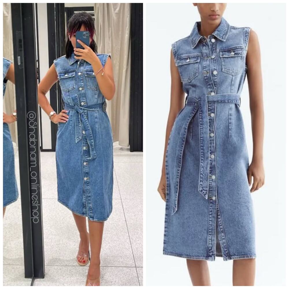 Zara Sleeveless Denim Midi Dress in Light Blue